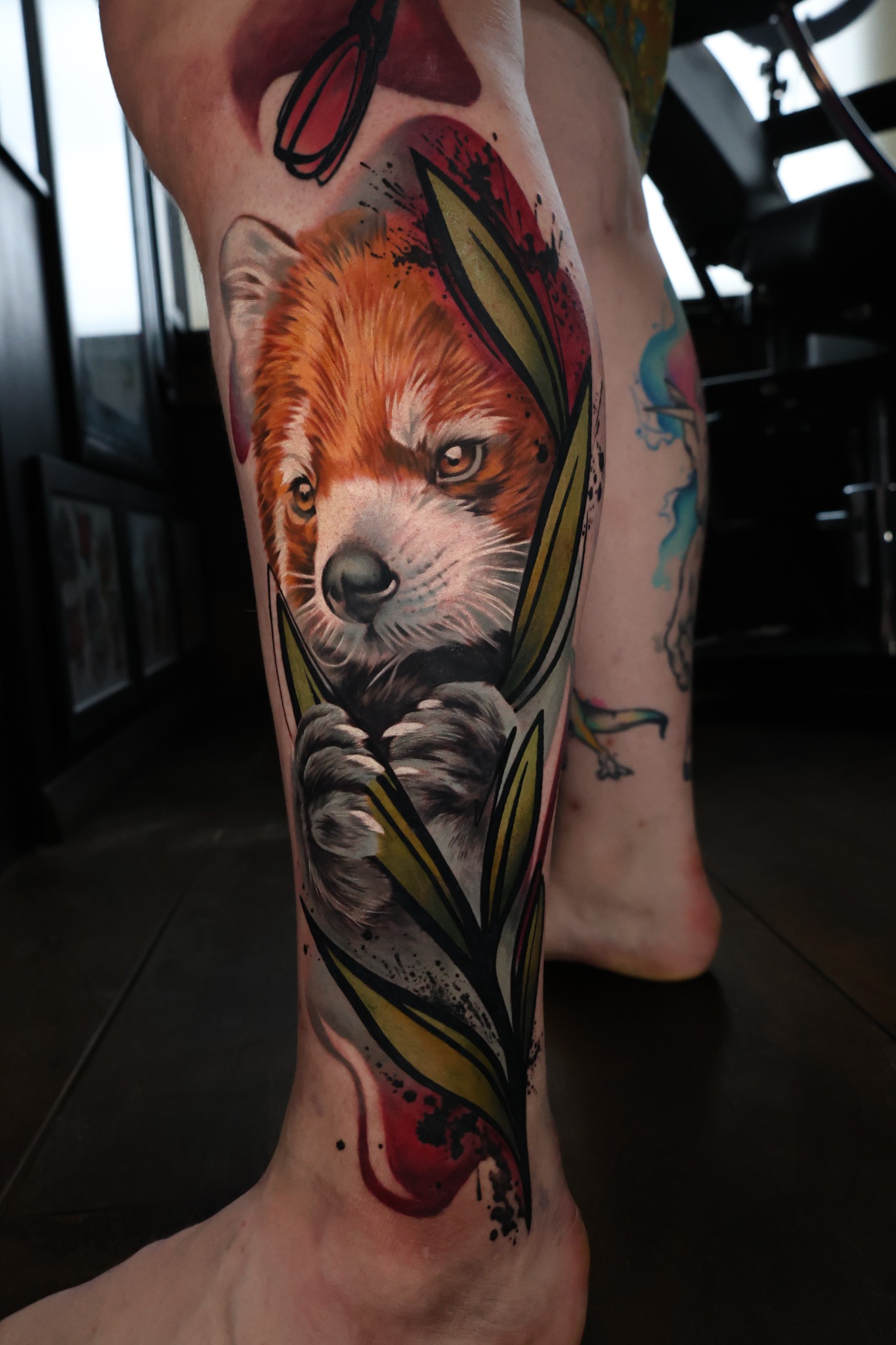 Colour realism fox tattoo with graphic botanical elements